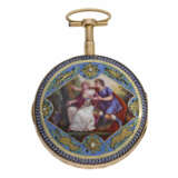 Taschenuhr: außergewöhnlich große Gold/Emaille-Spindeluhr mit Repetition auf Glocke und Perlenbesatz, Antoine Moilliet & Cie a Geneve, ca.1790 - фото 2