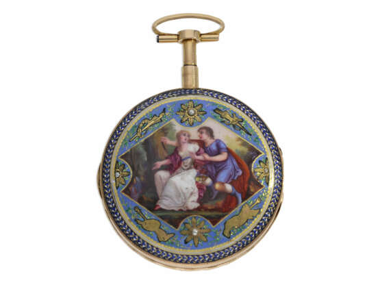 Taschenuhr: außergewöhnlich große Gold/Emaille-Spindeluhr mit Repetition auf Glocke und Perlenbesatz, Antoine Moilliet & Cie a Geneve, ca.1790 - photo 2