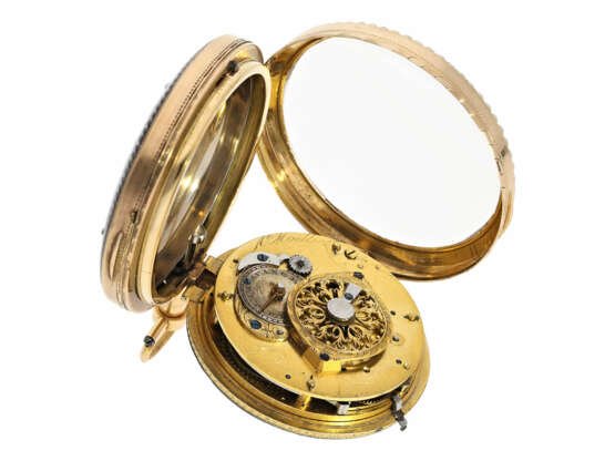 Taschenuhr: außergewöhnlich große Gold/Emaille-Spindeluhr mit Repetition auf Glocke und Perlenbesatz, Antoine Moilliet & Cie a Geneve, ca.1790 - Foto 5