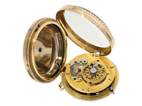 Taschenuhr: außergewöhnlich große Gold/Emaille-Spindeluhr mit Repetition auf Glocke und Perlenbesatz, Antoine Moilliet & Cie a Geneve, ca.1790 - photo 6