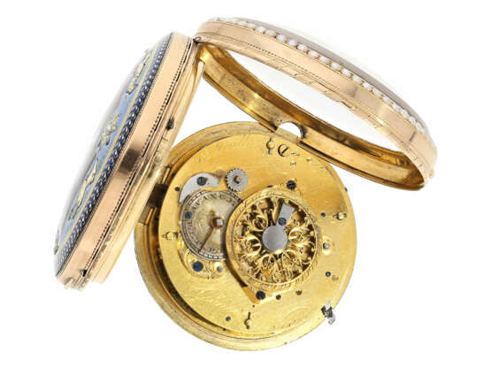 Taschenuhr: außergewöhnlich große Gold/Emaille-Spindeluhr mit Repetition auf Glocke und Perlenbesatz, Antoine Moilliet & Cie a Geneve, ca.1790 - Foto 7