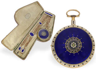 Taschenuhr: museale, große Gold/Emailleuhr "Paillon" mit Originalchatelaine und Originalbox, ca. 1800