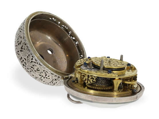 Taschenuhr: imposante englische einzeigrige Sackuhr mit Alarm, Marc Thomegay London um 1700 - Foto 4