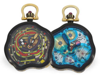 Taschenuhr: new old stock Hundertwasser Designeruhr in 18K Gold mit Originalbox und Originalprospekt, limitiert, No.114/999, NP 24.400CHF, ca. 1992