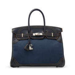 A LIMITED EDITION BLACK SWIFT LEATHER & BLEU MARINE TOILE GHILLIES BIRKIN 35 WITH BRUSHED PALLADIUM HARDWARE