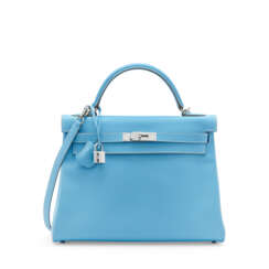 A LIMITED EDITION BLEU CELESTE & BLEU JEAN EPSOM LEATHER CANDY SELLIER KELLY 32 WITH SILVER HARDWARE