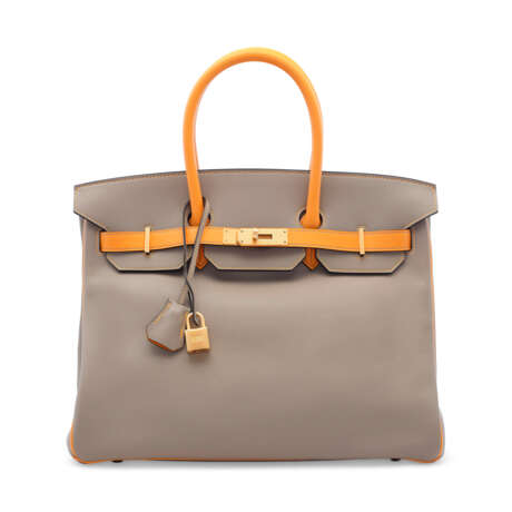 A CUSTOM GRIS ASPHALTE & AMBRE SWIFT LEATHER BIRKIN 35 WITH BRUSHED GOLD HARDWARE - фото 1