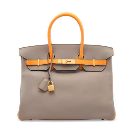 A CUSTOM GRIS ASPHALTE & AMBRE SWIFT LEATHER BIRKIN 35 WITH BRUSHED GOLD HARDWARE - photo 1