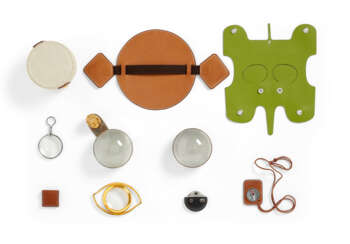 A GROUP OF TEN: FOUR MAGNIFYING GLASSES, ONE KLIPDOC, ONE COMPASS, ONE WINE CALENDAR, ONE SUGAR BOX, ONE ELEPHANT, AND ONE LEATHER ACCESSORY
