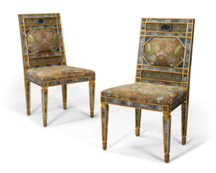 A PAIR OF SOUTH ITALIAN GILT-LEAD AND REVERSE-PAINTED GLASS-MOUNTED GILTWOOD CHAIRS