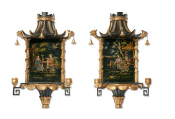 A PAIR OF REGENCY GREEN, GILT AND POLYCHROME-DECORATED TOLE TWIN-BRANCH WALL-LIGHTS