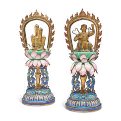 A RARE PAIR OF CHINESE CLOISONN&#201; AND CHAMPLEV&#201; ENAMEL ALTAR ORNAMENTS
