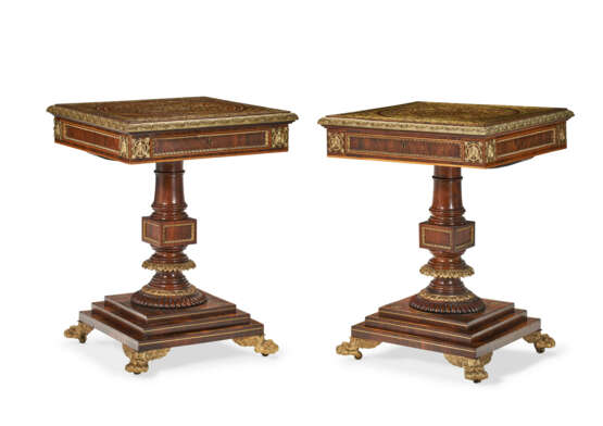 A PAIR OF REGENCY BRASS-INLAID AND GILT BRASS-MOUNTED INDIAN ROSEWOOD AND BOULLE MARQUETRY CENTER TABLES - фото 1
