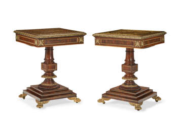 A PAIR OF REGENCY BRASS-INLAID AND GILT BRASS-MOUNTED INDIAN ROSEWOOD AND BOULLE MARQUETRY CENTER TABLES