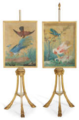 A PAIR OF LATE GEORGE III WHITE-PAINTED AND PARCEL-GILT POLE SCREENS