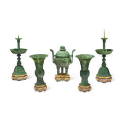 A CHINESE SPINACH-GREEN JADE FIVE-PIECE ALTAR GARNITURE WITH GILT-METAL AND ENAMEL STANDS