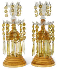 A PAIR OF GEORGE III ORMOLU-MOUNTED COLORLESS AND COLORED GLASS &#39;TEMPLE&#39; CANDLESTICKS