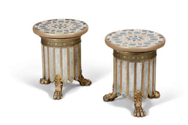 A PAIR OF REGENCY PARCEL-GILT, WHITE AND GREEN-PAINTED CIRCULAR STOOLS