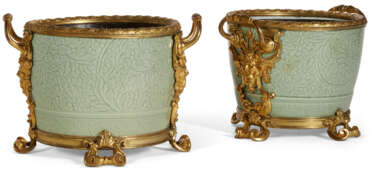A PAIR OF FRENCH ORMOLU-MOUNTED CHINESE CELADON PORCELAIN CACHE POTS