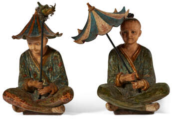 A PAIR OF REGENCY POLYCHROME-JAPANNED PAPIER-MACHE CHINESE FIGURES