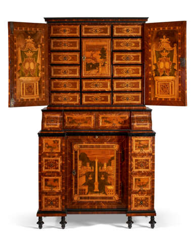 A SOUTH GERMAN BRASS-MOUNTED EBONIZED, BURR BIRCH, FRUITWOOD AND MARQUETRY BUREAU CABINET - photo 2