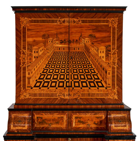 A SOUTH GERMAN BRASS-MOUNTED EBONIZED, BURR BIRCH, FRUITWOOD AND MARQUETRY BUREAU CABINET - photo 8