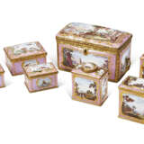 A GEORGE III STAFFORDSHIRE PINK ENAMEL CASKET ENCLOSING THREE TEA CANISTERS - photo 1