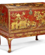 Periode von Georg II.. A GEORGE II SCARLET, GILT AND POLYCHROME-JAPANNED COFFER-ON-STAND