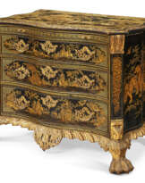 A GEORGE II BLACK AND GREEN GILT-JAPANNED AND PARCEL-GILT CHEST OF DRAWERS