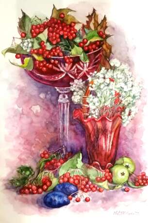 Peinture «Осенние дары, калина», Papier aquarelle, Aquarelle, натюрмлрт с фруктами, Nature morte aux fleurs, Ukraine, 2022 - photo 1