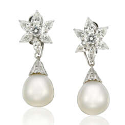 CULTURED PEARL AND DIAMOND PENDENT EARRINGS