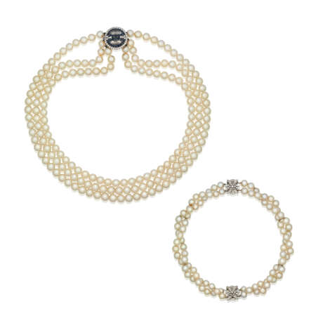 CULTURED PEARL AND DIAMOND NECKLACE; TOGETHER WITH A CULTURED PEARL, SAPPHIRE AND DIAMOND NECKLACE - фото 1