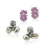 ADELE COLOURED SAPPHIRE AND DIAMOND EARRINGS; TOGETHER WITH A BAROQUE PEARL AND DIAMOND EARRINGS - photo 1