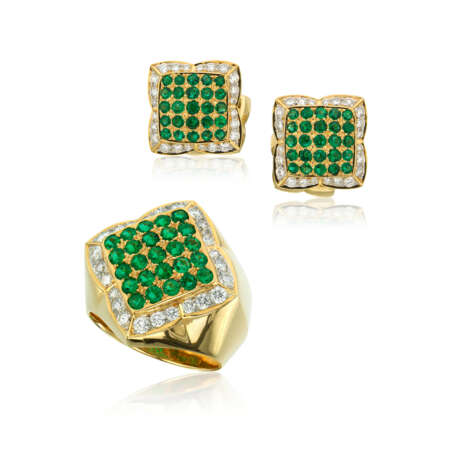 NO RESERVE - EMERALD AND DIAMOND RING AND CUFFLINK SET - фото 1