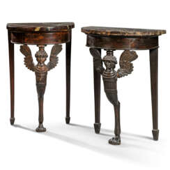 A PAIR OF NORTH ITALIAN STAINED-ELM DEMI-LUNE SMALL CONSOLE TABLES