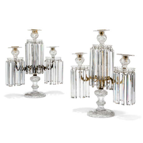 A PAIR OF EARLY VICTORIAN ORMOLU-MOUNTED CUT-GLASS THREE-LIGHT LUSTRE CANDELABRA - photo 1
