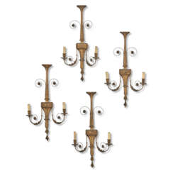 A SET OF FOUR GILT- COMPOSITION TWO-BRANCH WALL-LIGHTS
