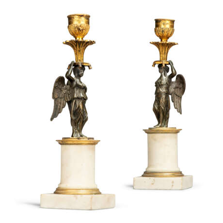 A PAIR OF SWEDISH ORMOLU, PATINATED-BRONZE AND WHITE MARBLE FIGURAL CANDLESTICKS - photo 1