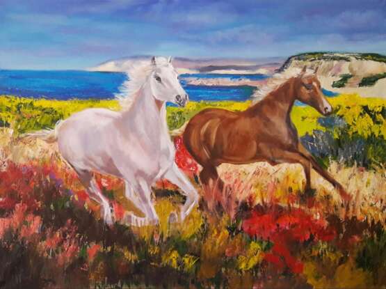 Бегущие лошади Canvas on the subframe Oil paint Impressionism Portugal 2022 - photo 1
