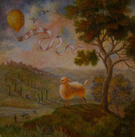 “Tangerine sheep in Tuscany.” Canvas Oil paint Realist Landscape painting 2013 - photo 1