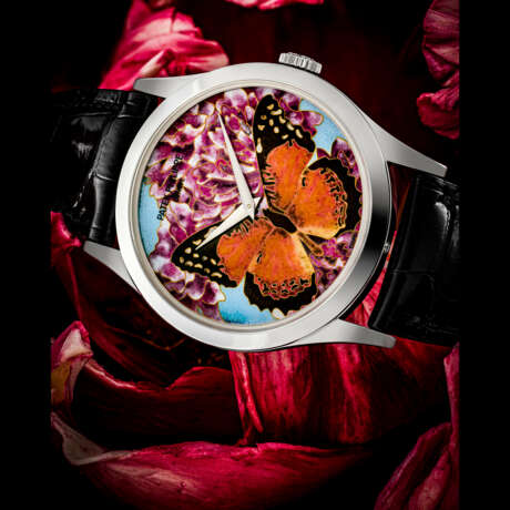 PATEK PHILIPPE. A PLATINUM LIMITED EDITION AUTOMATIC WRISTWATCH WITH CLOISONN&#201; ENAMEL DIAL BY ANITA PORCHET FEATURING A BUTTERFLY - фото 1