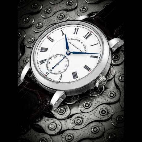 A. LANGE & S&#214;HNE. A VERY RARE PLATINUM LIMITED EDITION WRISTWATCH WITH FUSEE CHAIN AND ENAMEL DIAL - фото 1