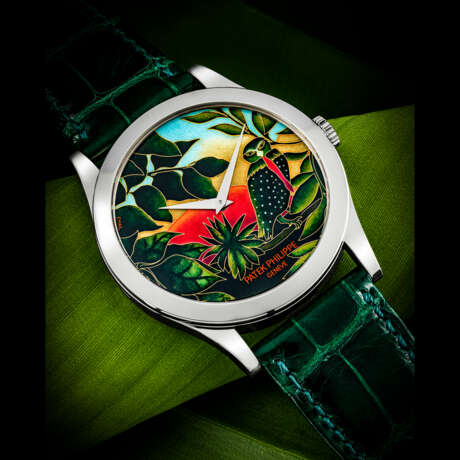 PATEK PHILIPPE. A GORGEOUS AND RARE 18K WHITE GOLD LIMITED EDITION AUTOMATIC WRISTWATCH WITH CLOISONN&#201; ENAMEL DIAL BY ANITA PORCHET FEATURING A PAINTING BY HENRI ROUSSEAU - фото 1