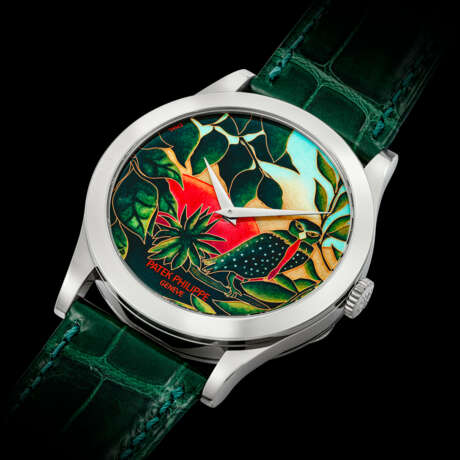 PATEK PHILIPPE. A GORGEOUS AND RARE 18K WHITE GOLD LIMITED EDITION AUTOMATIC WRISTWATCH WITH CLOISONN&#201; ENAMEL DIAL BY ANITA PORCHET FEATURING A PAINTING BY HENRI ROUSSEAU - photo 2