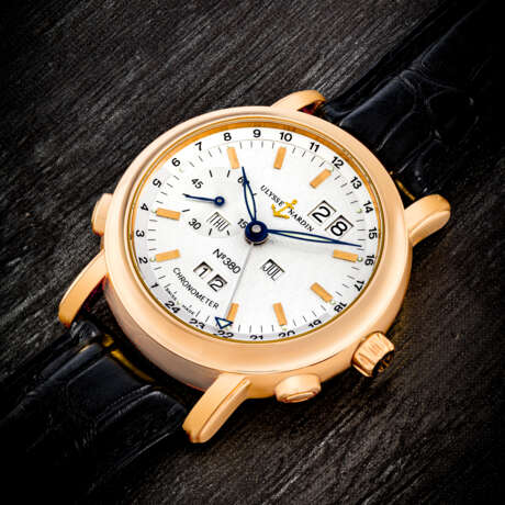 ULYSSE NARDIN. A RARE 18K PINK GOLD LIMITED EDITION AUTOMATIC PERPETUAL CALENDAR DUAL TIME WRISTWATCH WITH DIGITAL YEAR DISPLAY - Foto 1