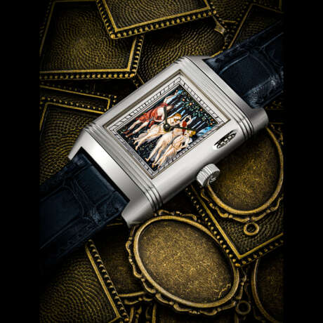 JAEGER-LECOULTRE. A MAGNIFICENT AND EXTREMELY RARE PLATINUM REVERSIBLE WRISTWATCH WITH ENAMEL DIAL DEPICTING PRIMAVERA BY BOTTICELLI - photo 1