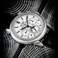 PATEK PHILIPPE. AN 18K WHITE GOLD PERPETUAL CALENDAR CHRONOGRAPH WRISTWATCH WITH MOON PHASES, LEAP YEAR AND DAY/NIGHT INDICATION