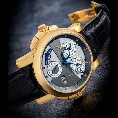 ULYSSE NARDIN. AN 18K GOLD AUTOMATIC DUAL TIME WRISTWATCH WITH SWEEP CENTRE SECONDS, DATE, ALARM AND COUNTDOWN INDICATION - Foto 1