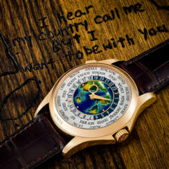 PATEK PHILIPPE. A RARE AND GORGEOUS 18K PINK GOLD AUTOMATIC WORLD TIME WRISTWATCH WITH CLOISONN&#201; ENAMEL DIAL