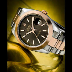 ROLEX. A STAINLESS STEEL AND 18K PINK GOLD AUTOMATIC WRISTWATCH WITH SWEEP CENTRE SECONDS, DATE AND BRACELET